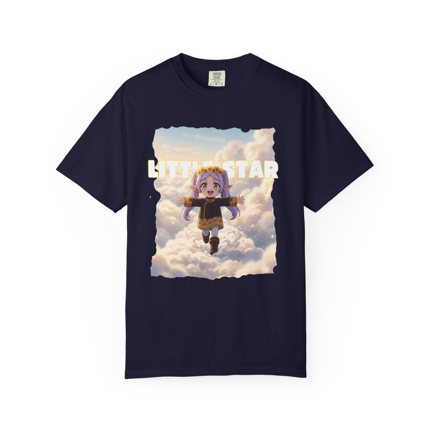 Garment-dyed tubular knit tee with character in flight print