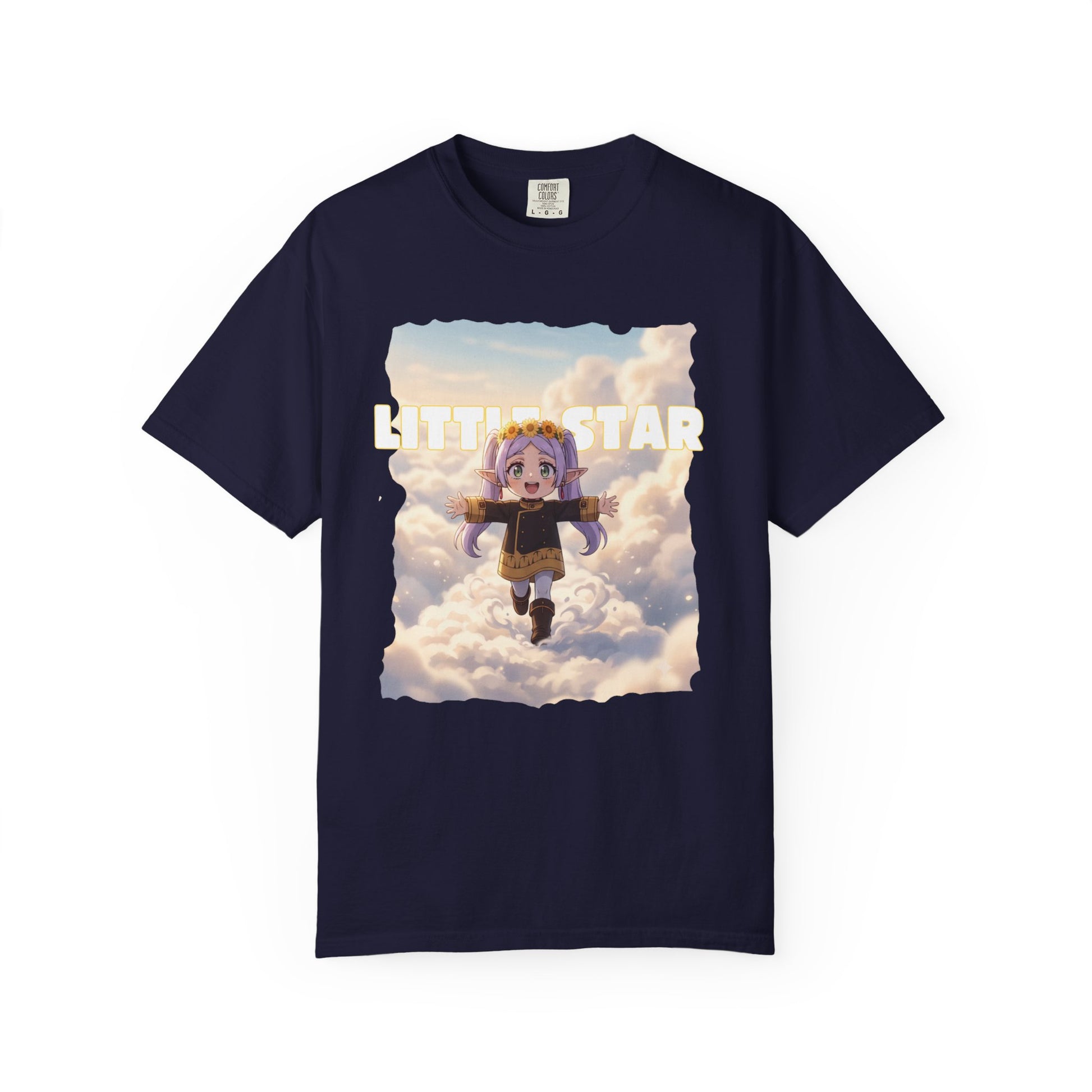 Garment-dyed tubular knit tee with character in flight print