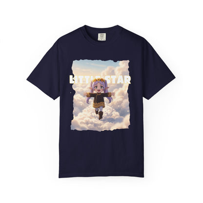 Garment-dyed tubular knit tee with character in flight print