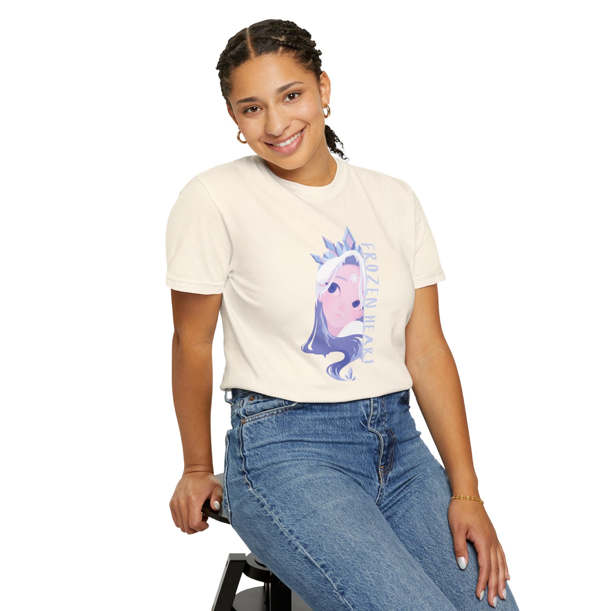 Garment dyed anime shirt featuring frozen heart vertical typography on heavyweight comfort colors cotton
