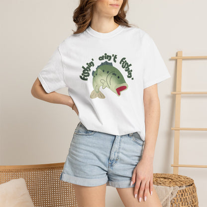 Garment dyed bass tee with fishin aint fishin slogan on cream background