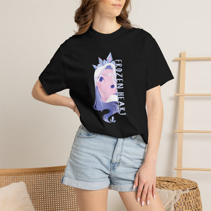 Garment dyed comfort colors blank with frozen heart cryo empress artwork in natural outdoor lighting
