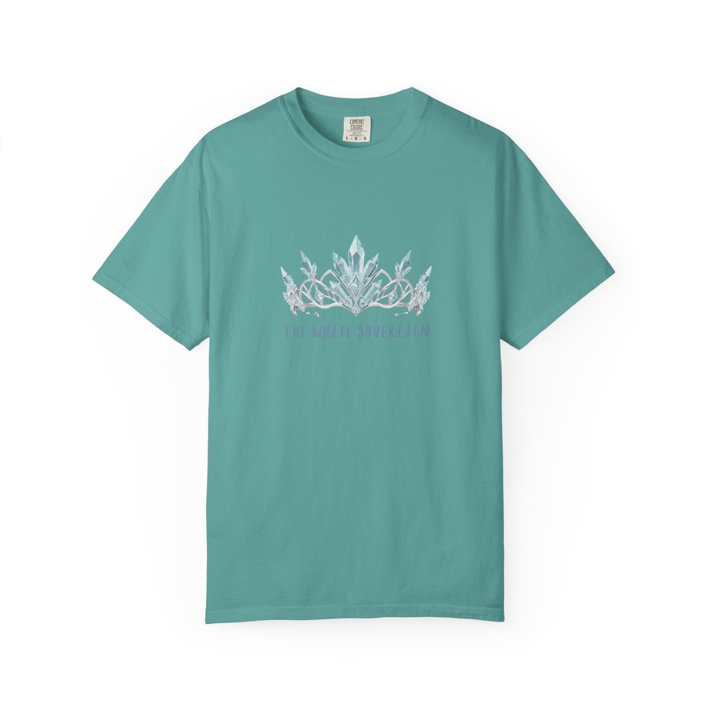 Garment dyed cotton texture detail on The White Sovereign blue seaweed crown shirt showing soft worn in vintage blue finish
