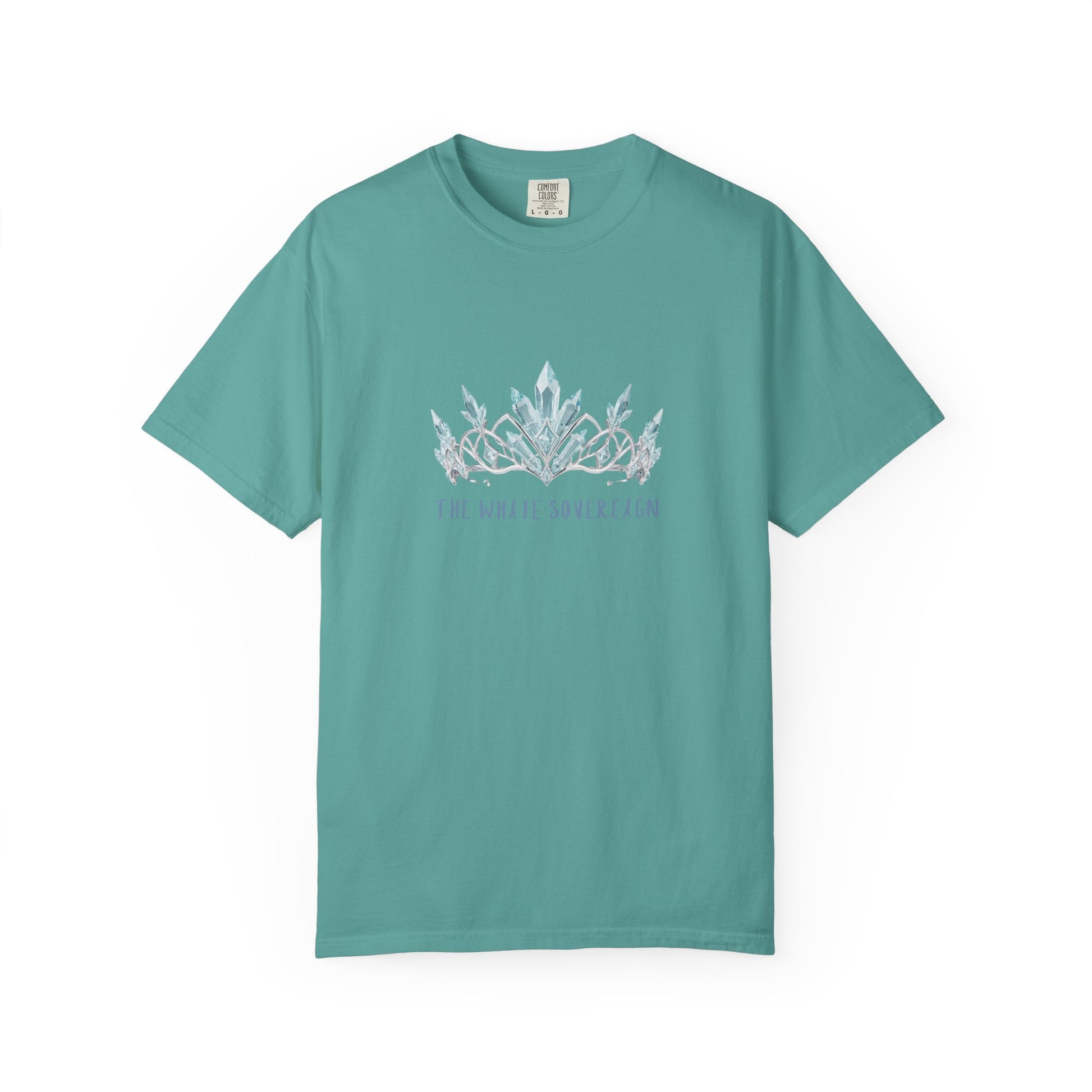 Garment dyed cotton texture detail on The White Sovereign blue seaweed crown shirt showing soft worn in vintage blue finish

