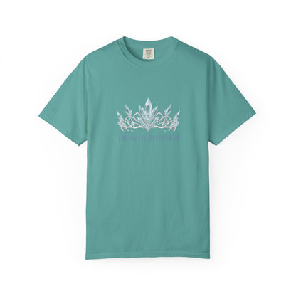 Garment dyed cotton texture detail on The White Sovereign blue seaweed crown shirt showing soft worn in vintage blue finish
