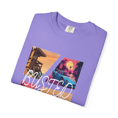 Garment dyed graphic tee with four panel retrowave beach design