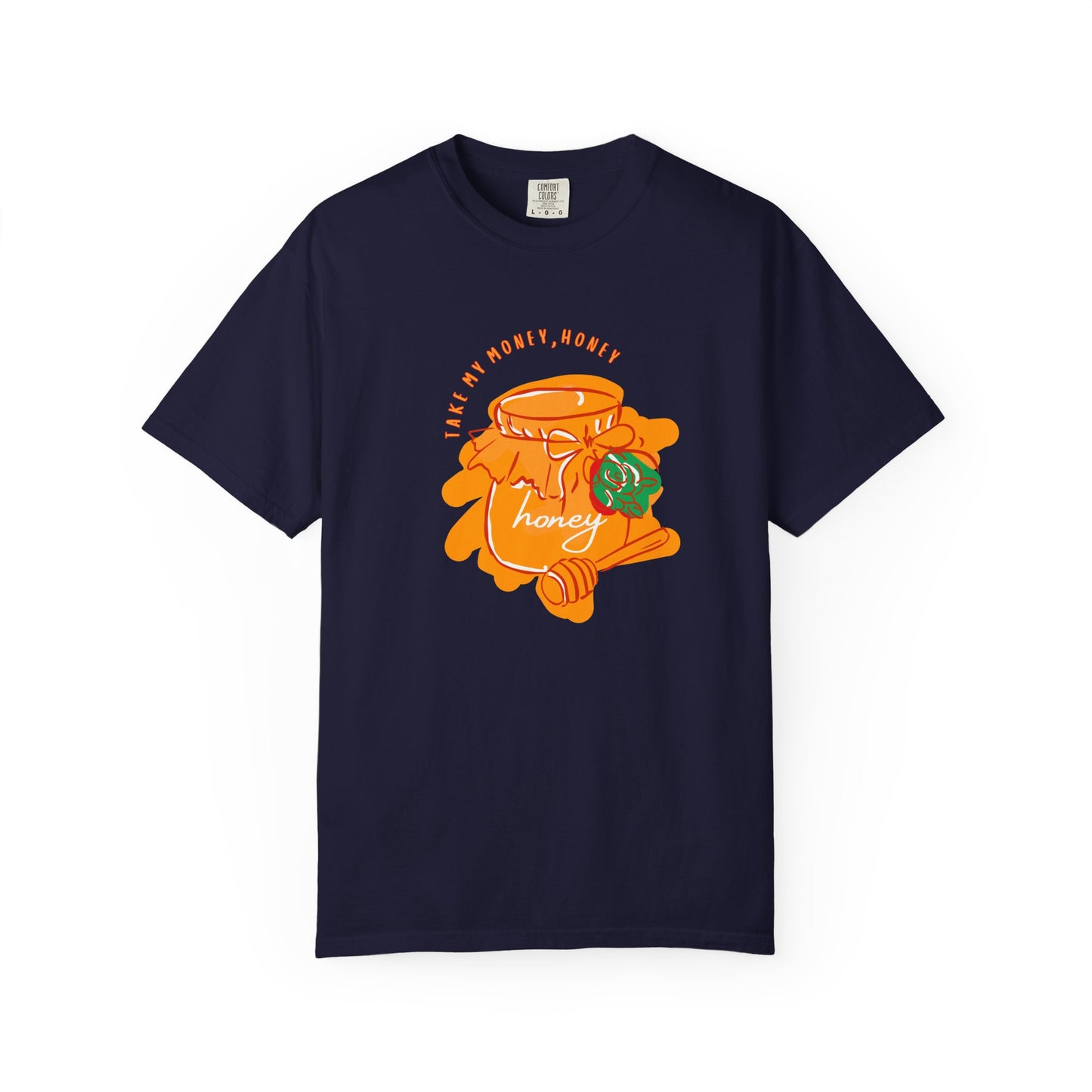 Garment dyed heavyweight cotton tee with orange honey jar and bee artwork