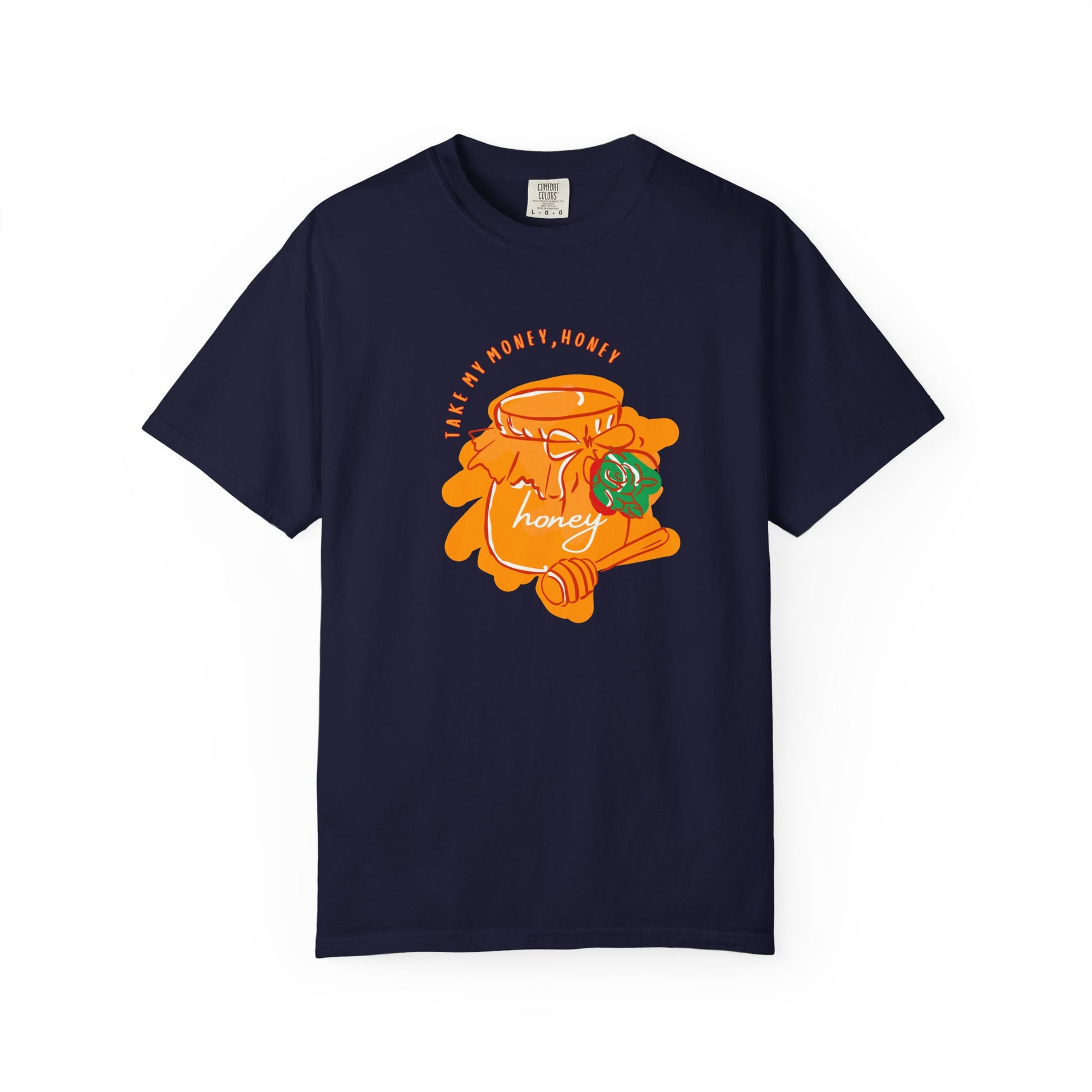 Garment dyed heavyweight cotton tee with orange honey jar and bee artwork