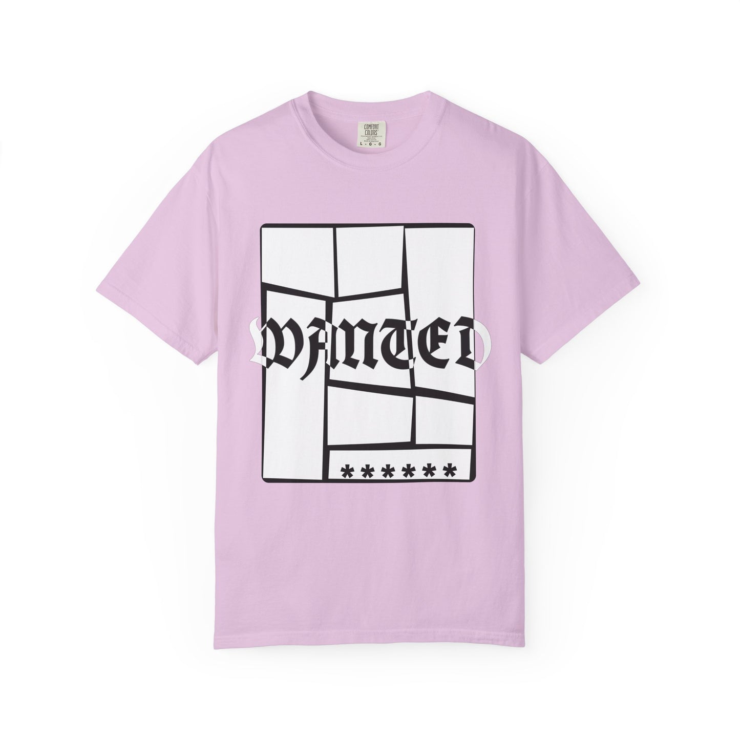 Garment dyed heavyweight tee with fractured WANTED typography graphic