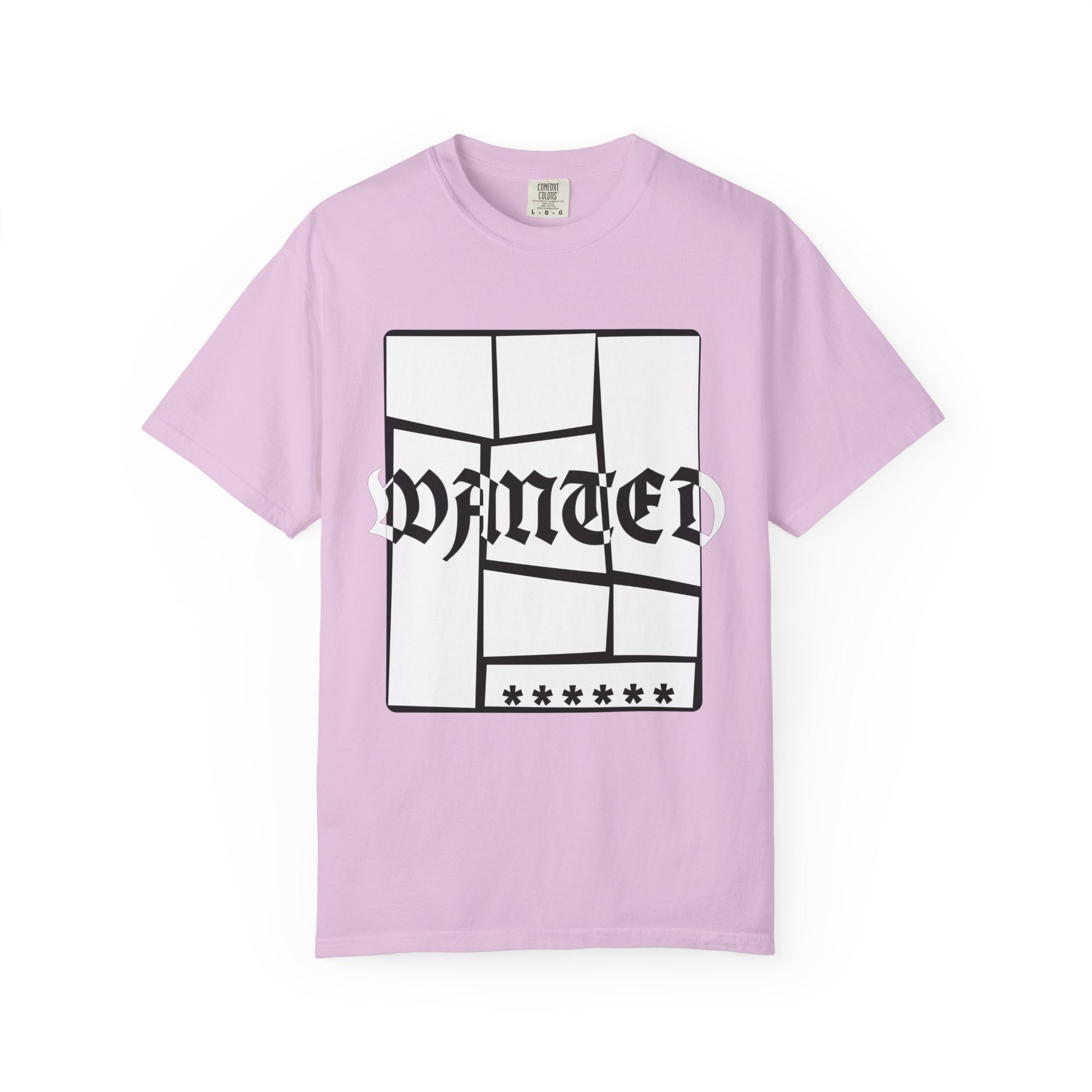 Garment dyed heavyweight tee with fractured WANTED typography graphic