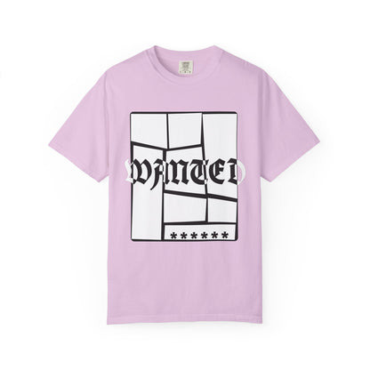 Garment dyed heavyweight tee with fractured WANTED typography graphic