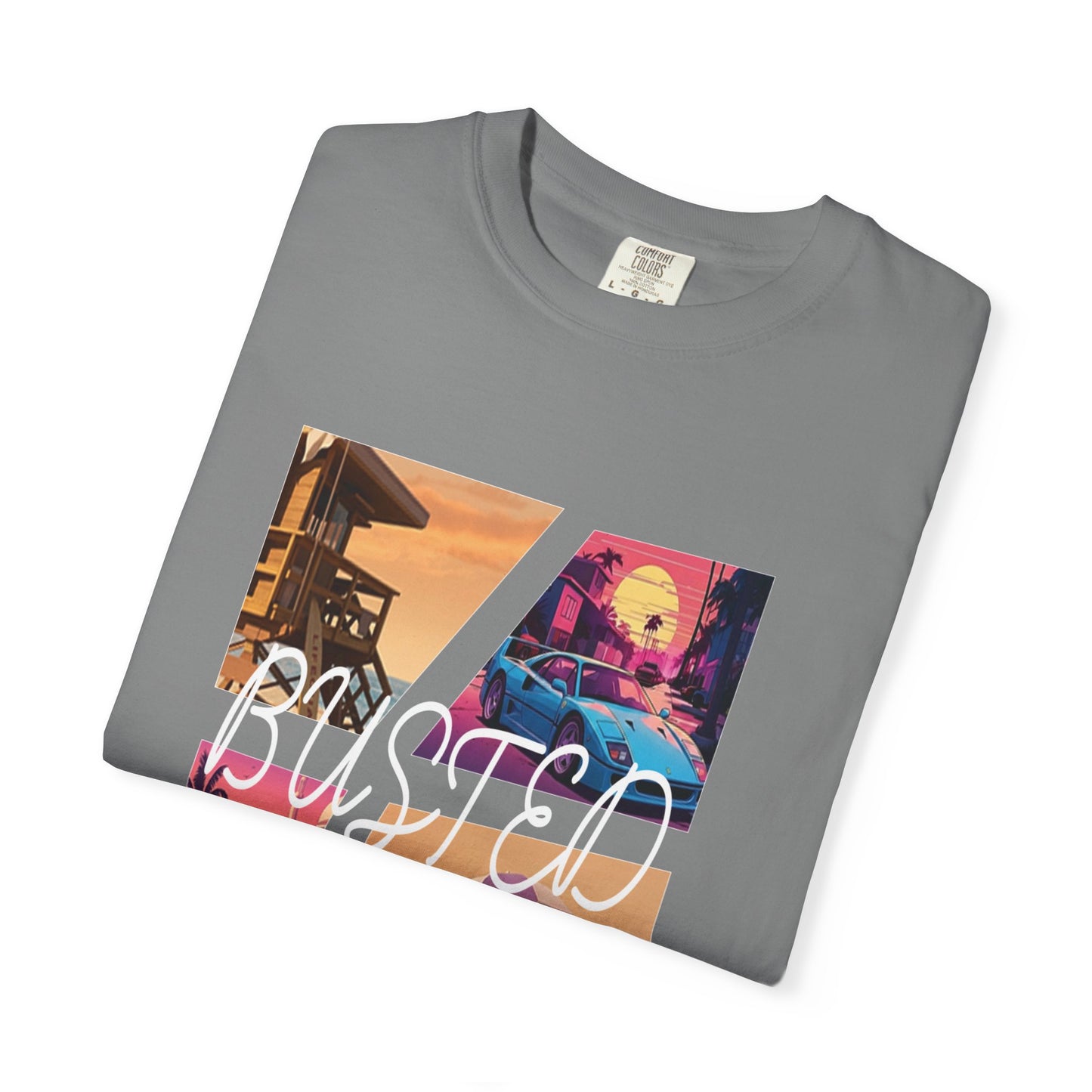 Busted tshirtGarment dyed heavyweight tee with synthwave beach collage graphic