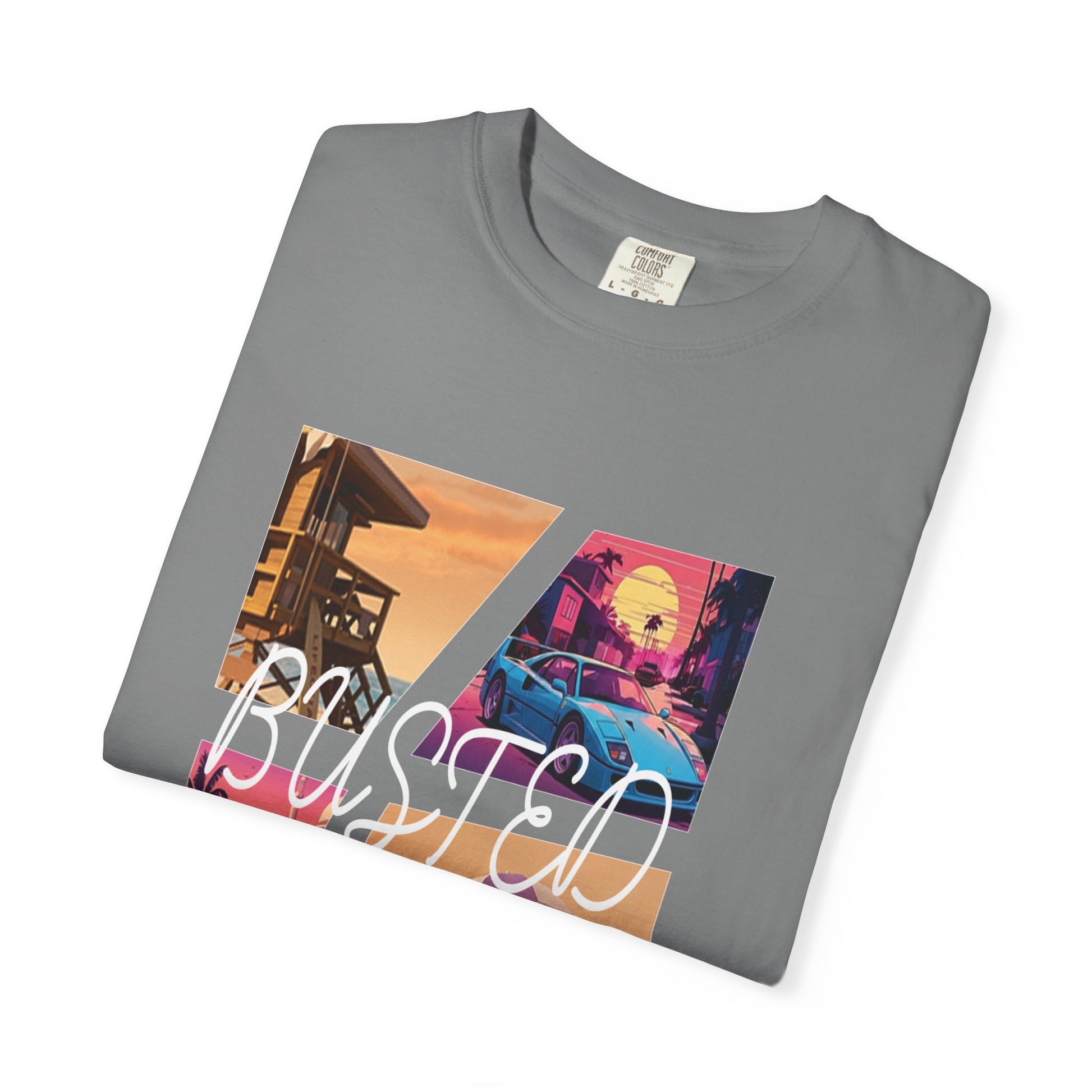 Busted tshirtGarment dyed heavyweight tee with synthwave beach collage graphic