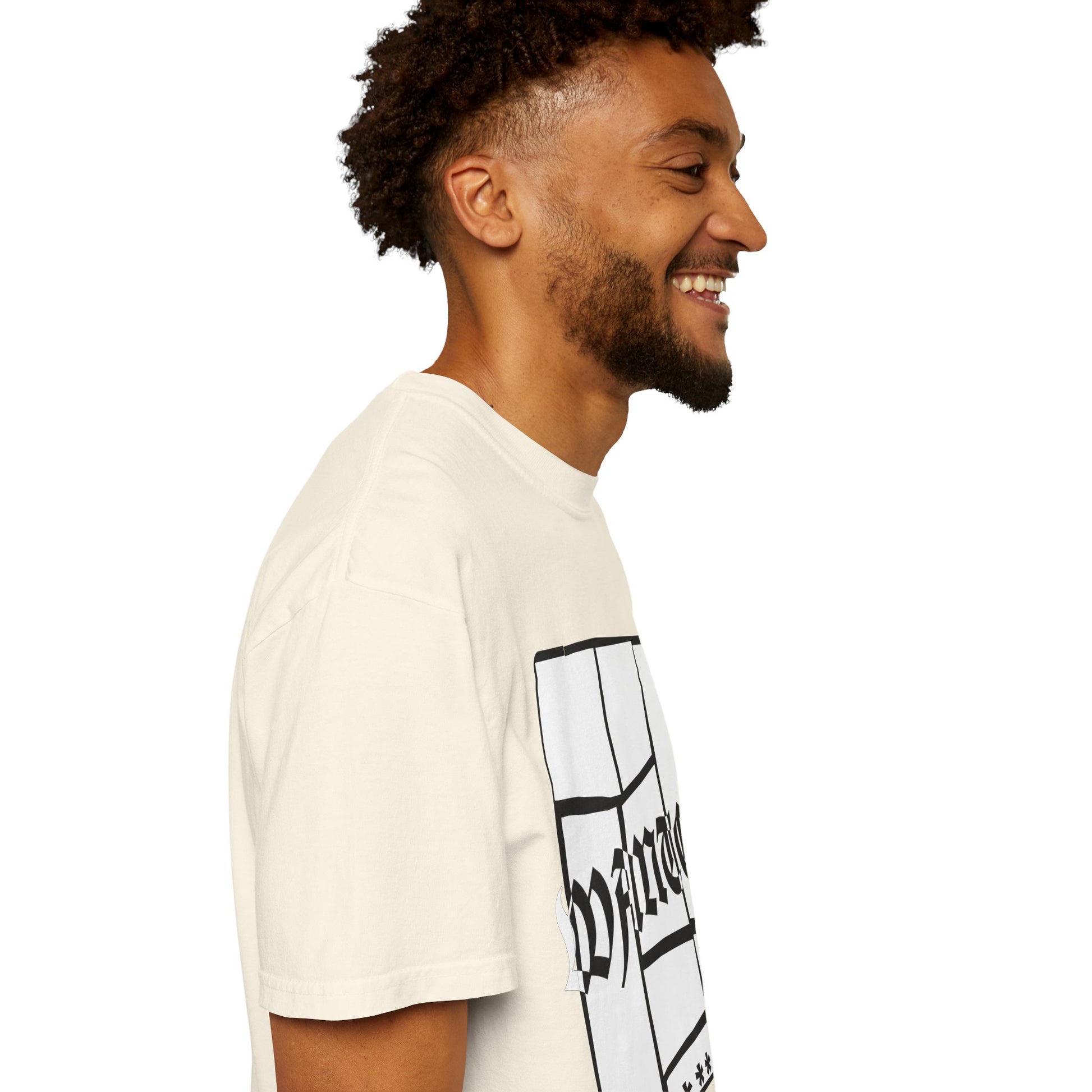 Garment dyed navy tee with shattered WANTED block lettering centered on chest