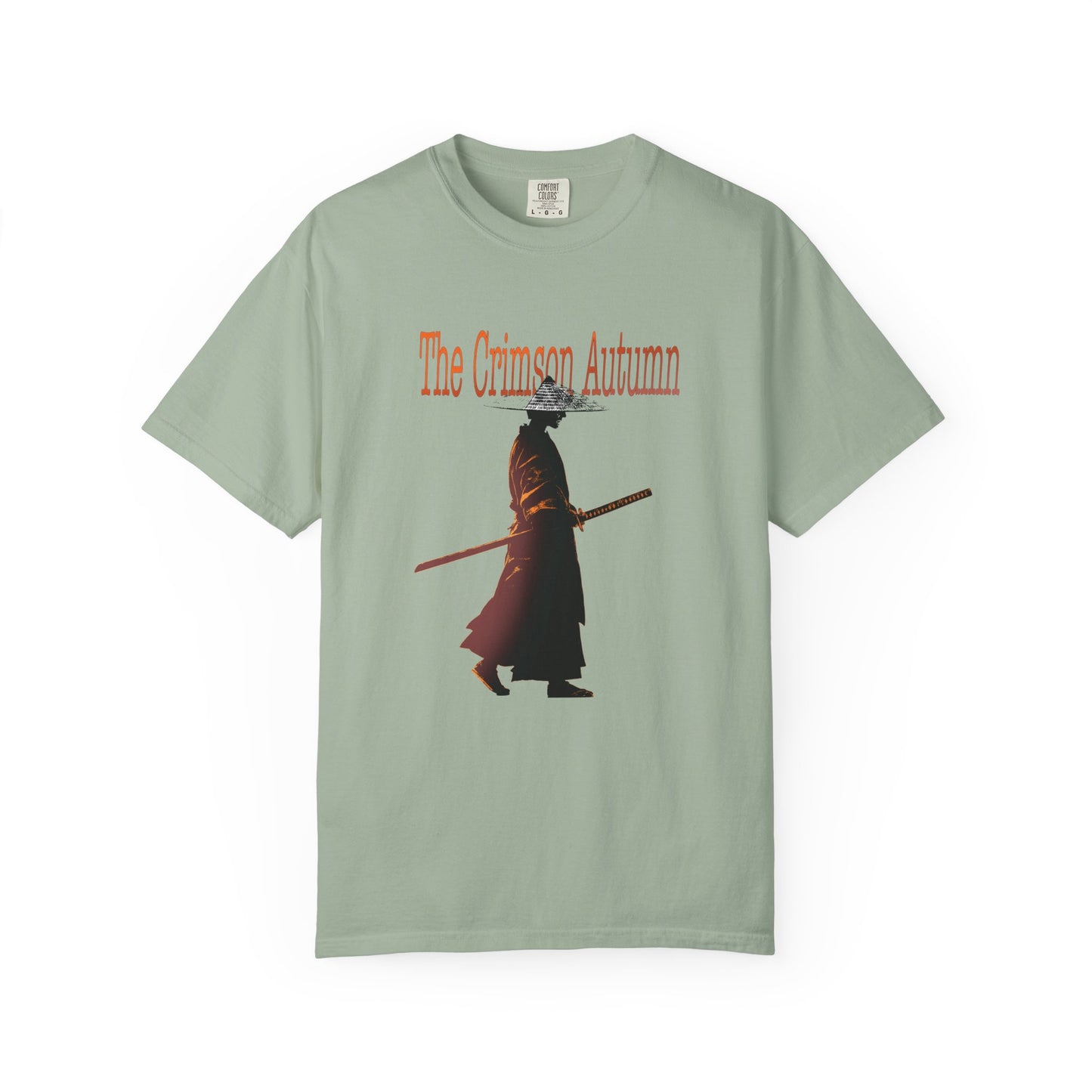 Garment dyed tee in deep crimson with autumn samurai artwork
