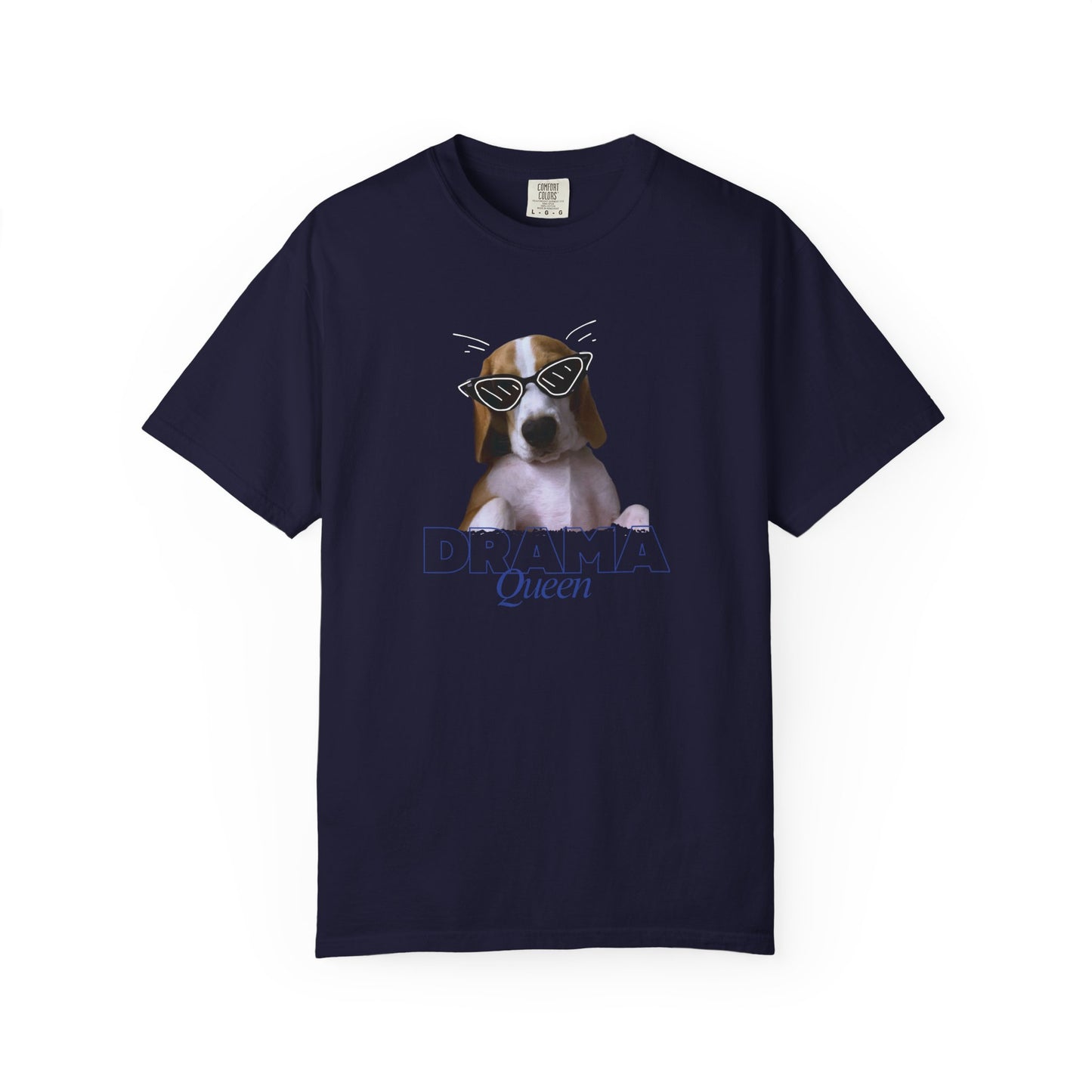 Garment dyed tee with confident beagle in retro sunglasses Queen script design