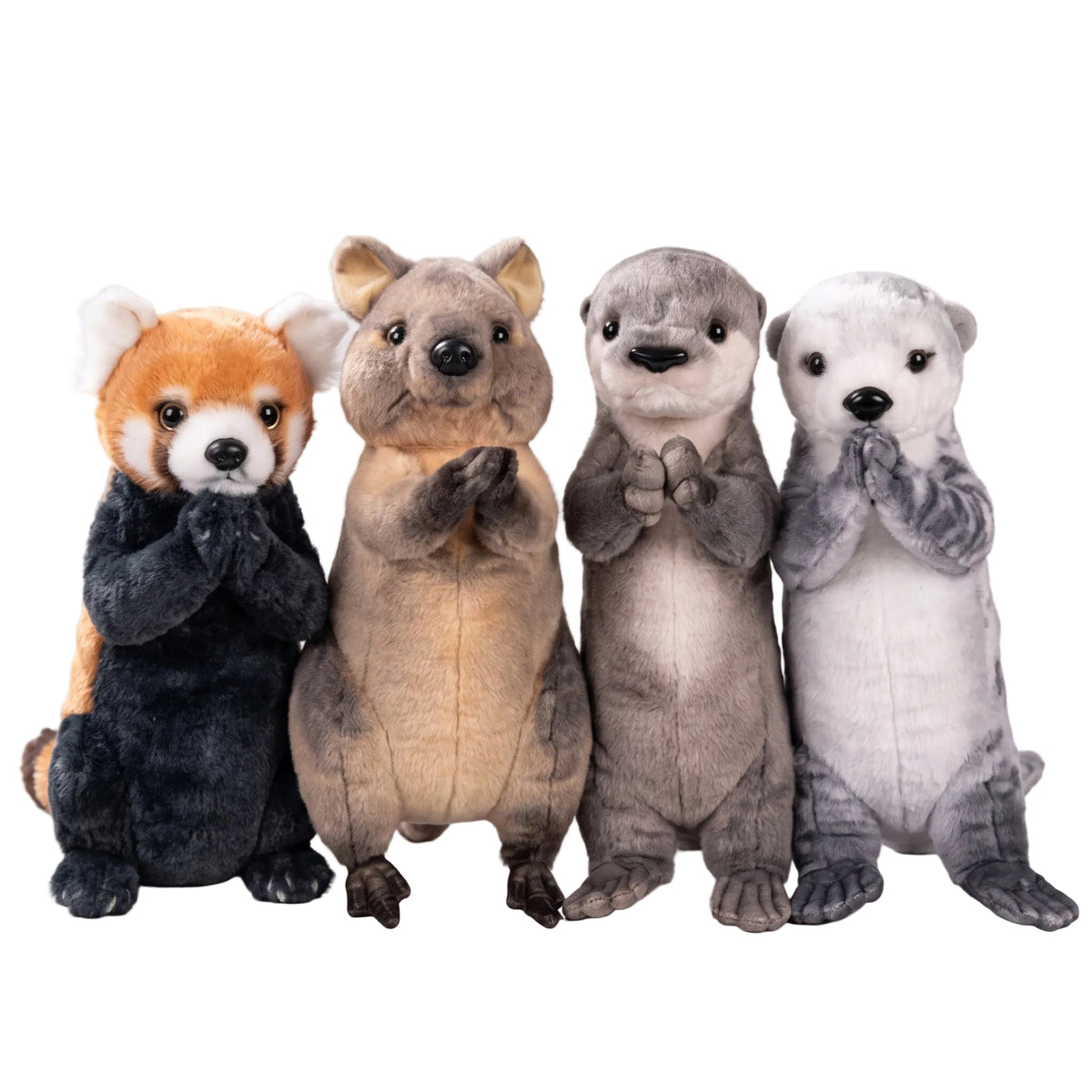 Gassho praying red panda plush 35cm with paws pressed together in blessing pose