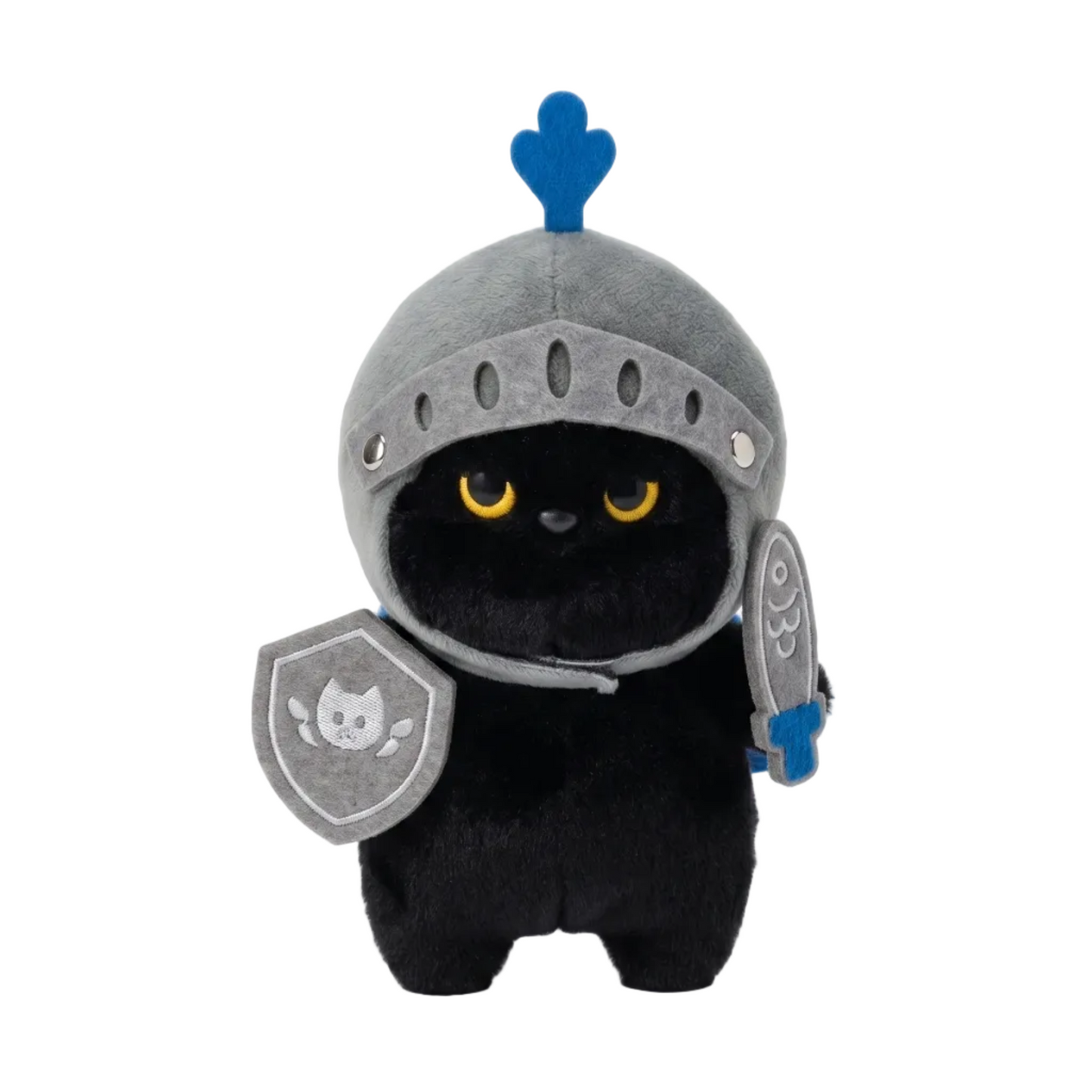 Black Cat Knight Plush Pendant - Handmade Fantasy Armor Cat Stuffed Toy 16cm