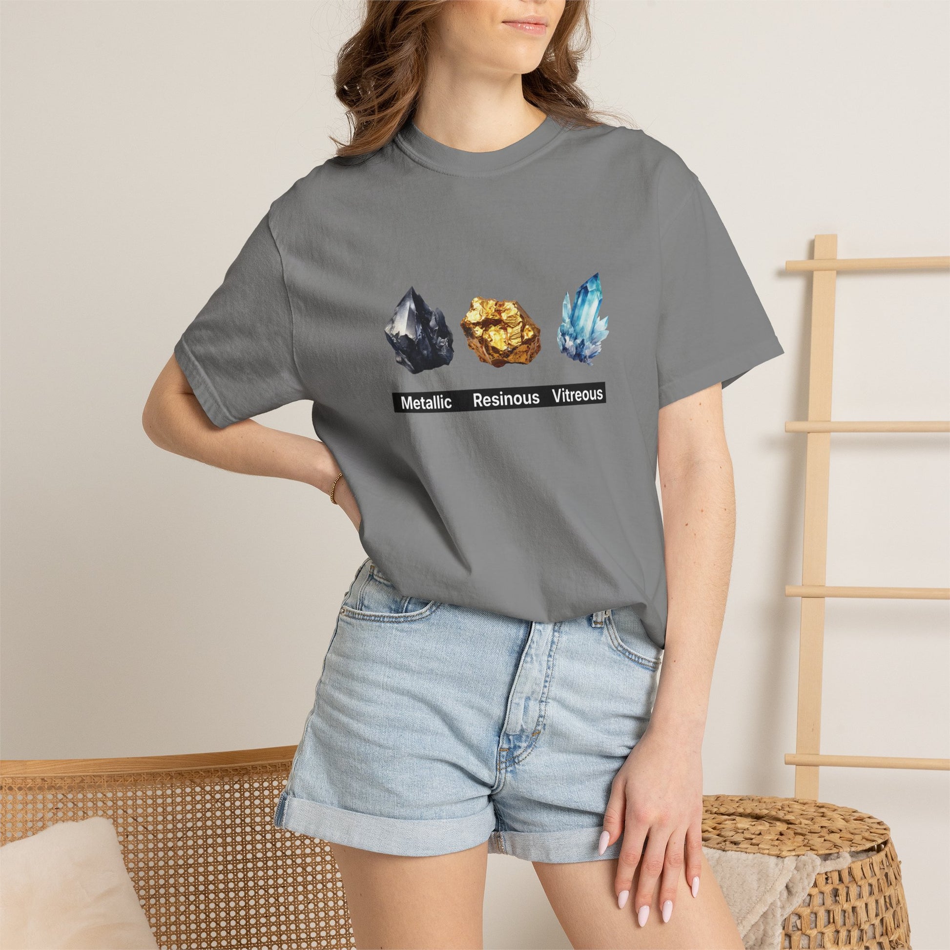 Geology lover gift t-shirt featuring metallic mineral and resinous luster specimens