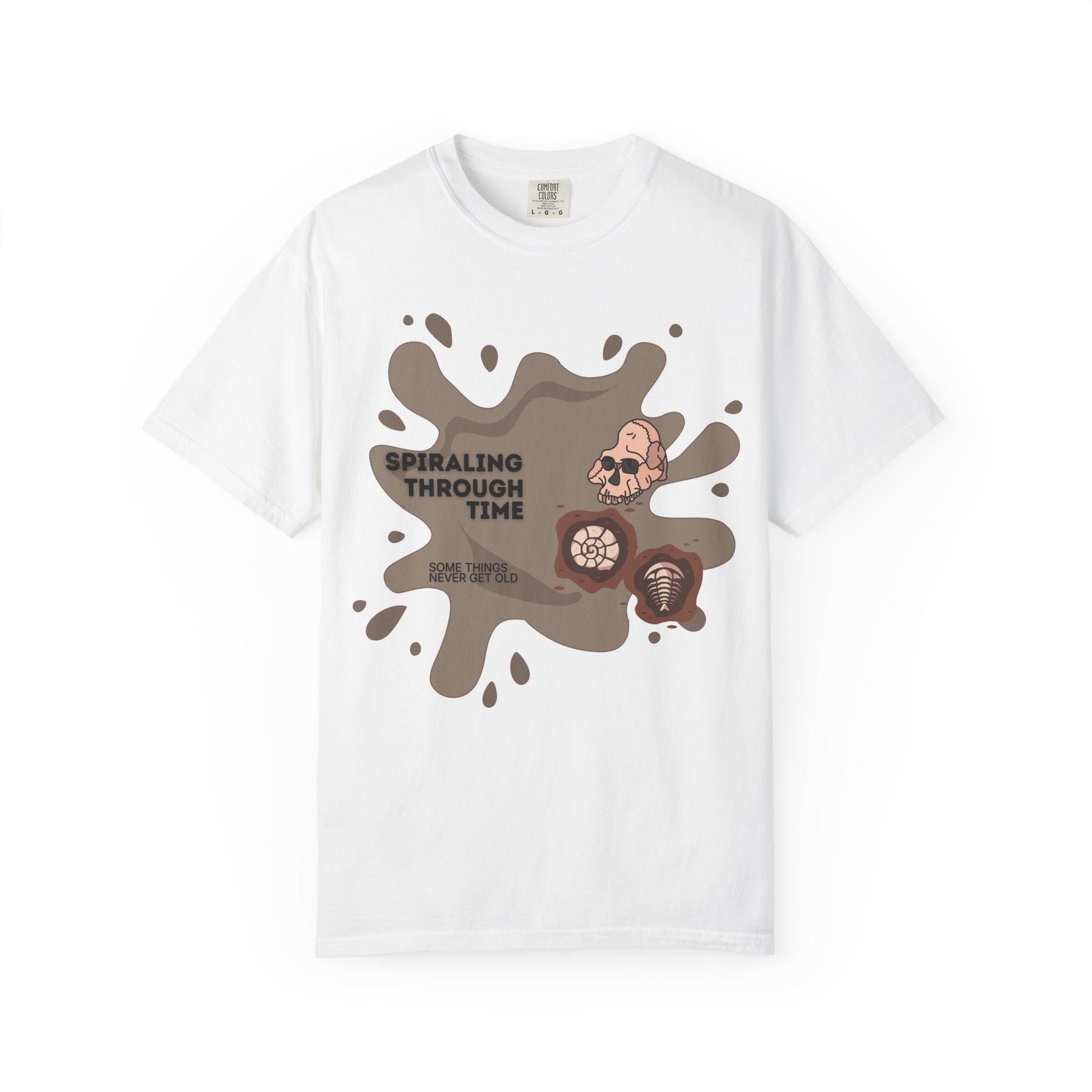 Geology unisex tee featuring a skeleton in sunglasses with trilobite fossil illustrations