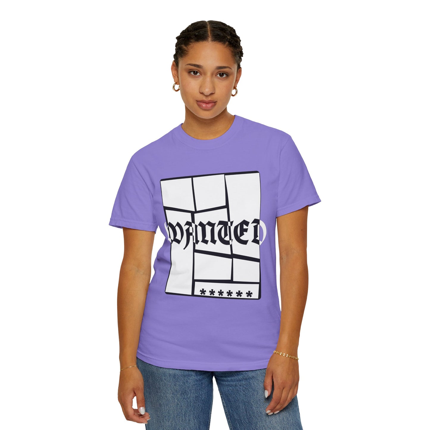 Geometric fractured WANTED print tee in navy heavyweight cotton