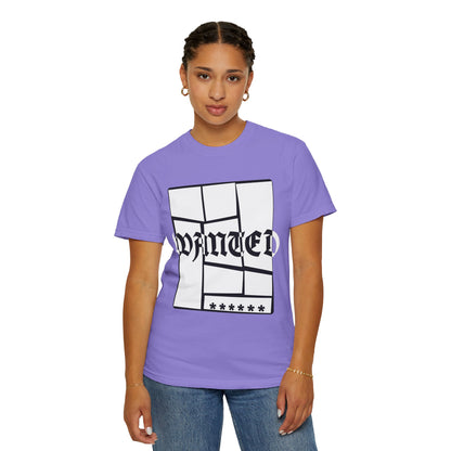 Geometric fractured WANTED print tee in navy heavyweight cotton