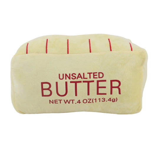 Giant butter stick plush pillow in salted blue wrapper variant displayed on white background, 35cm