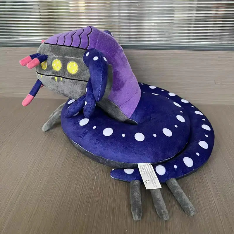 Giant leviathan plush fan art soft toy with reptilian head and orange-red eyes
