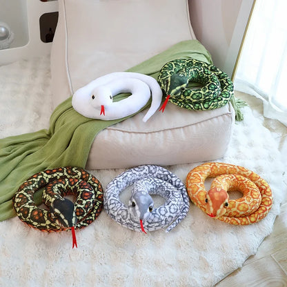 Giant python stuffed animal used as snake room decor gaming setup