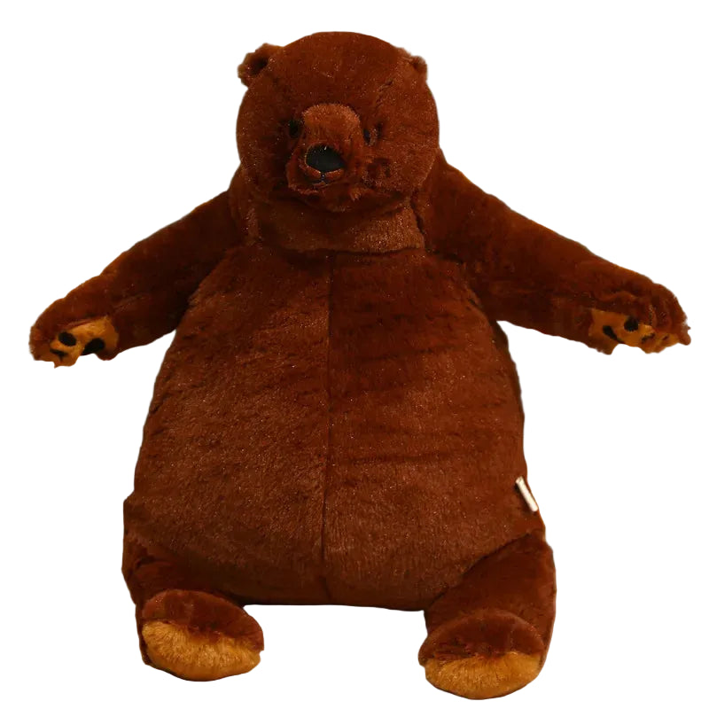 Giant simulation bear plush in 80cm size sitting upright on a white bed with oversized round belly visible
