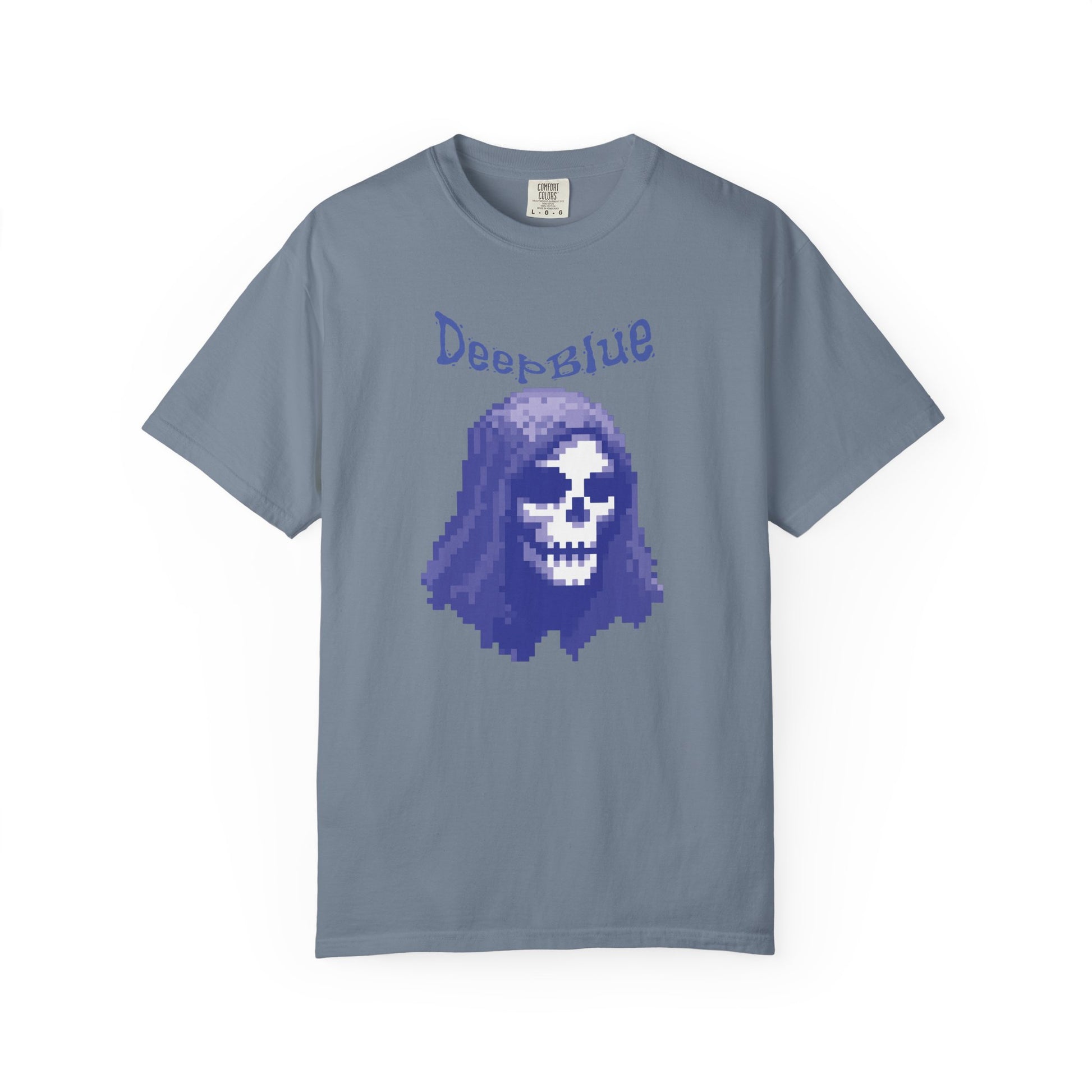 Glitch art clothing pirate skull shirt worn styled with dark streetwear
