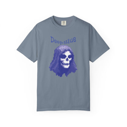 Glitch art clothing pirate skull shirt worn styled with dark streetwear
