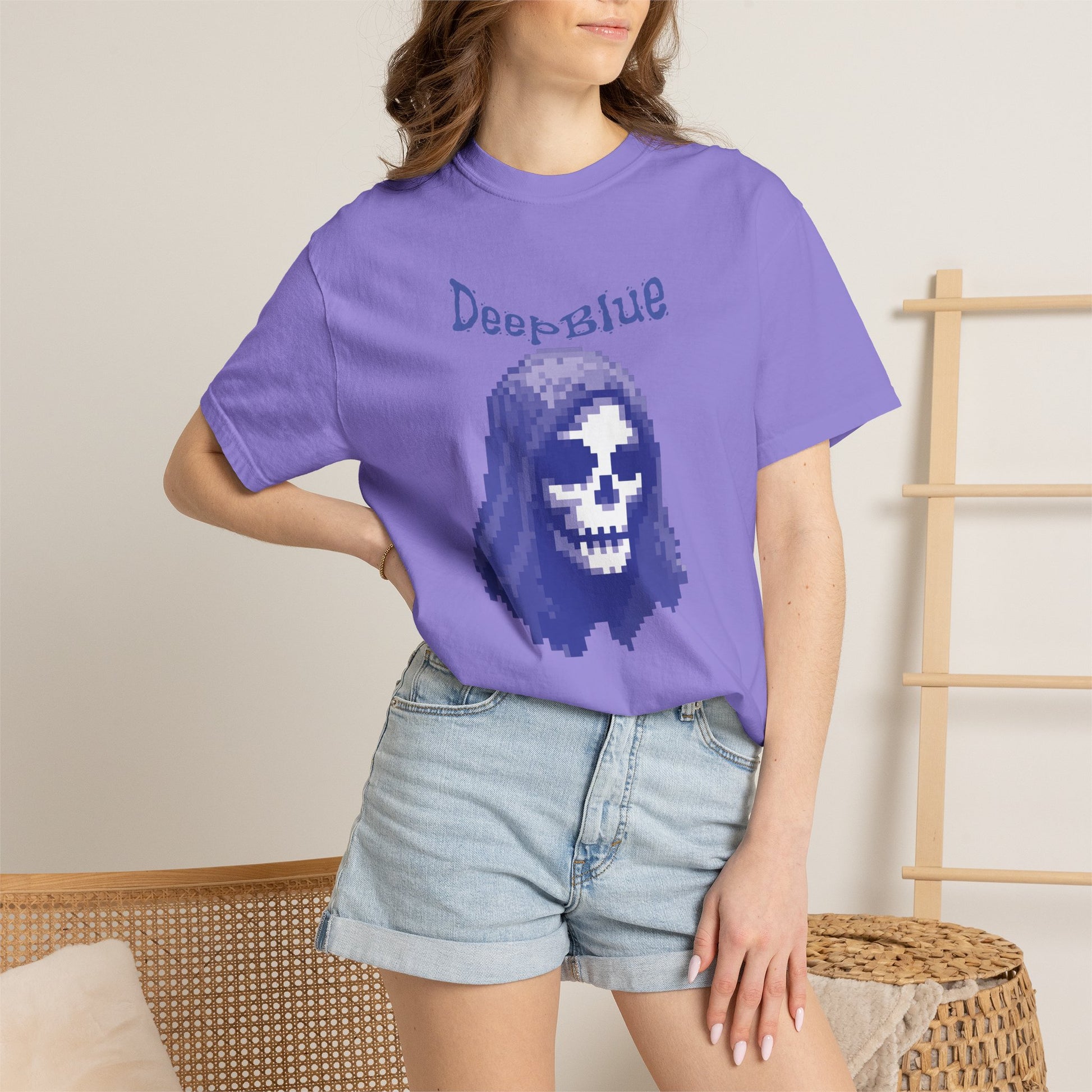 Glitch art clothing pixel skull tee detail shot showing ink coverage quality
