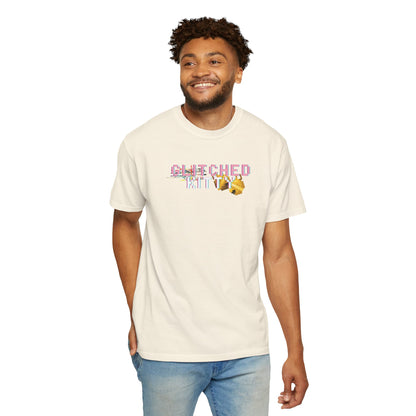 Glitch art t shirt shown in dark and light color options