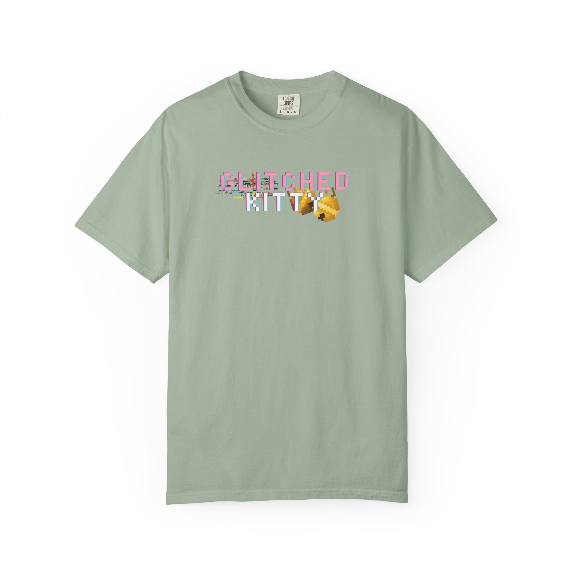Glitch art t shirt with color shifted pixel cat artwork
