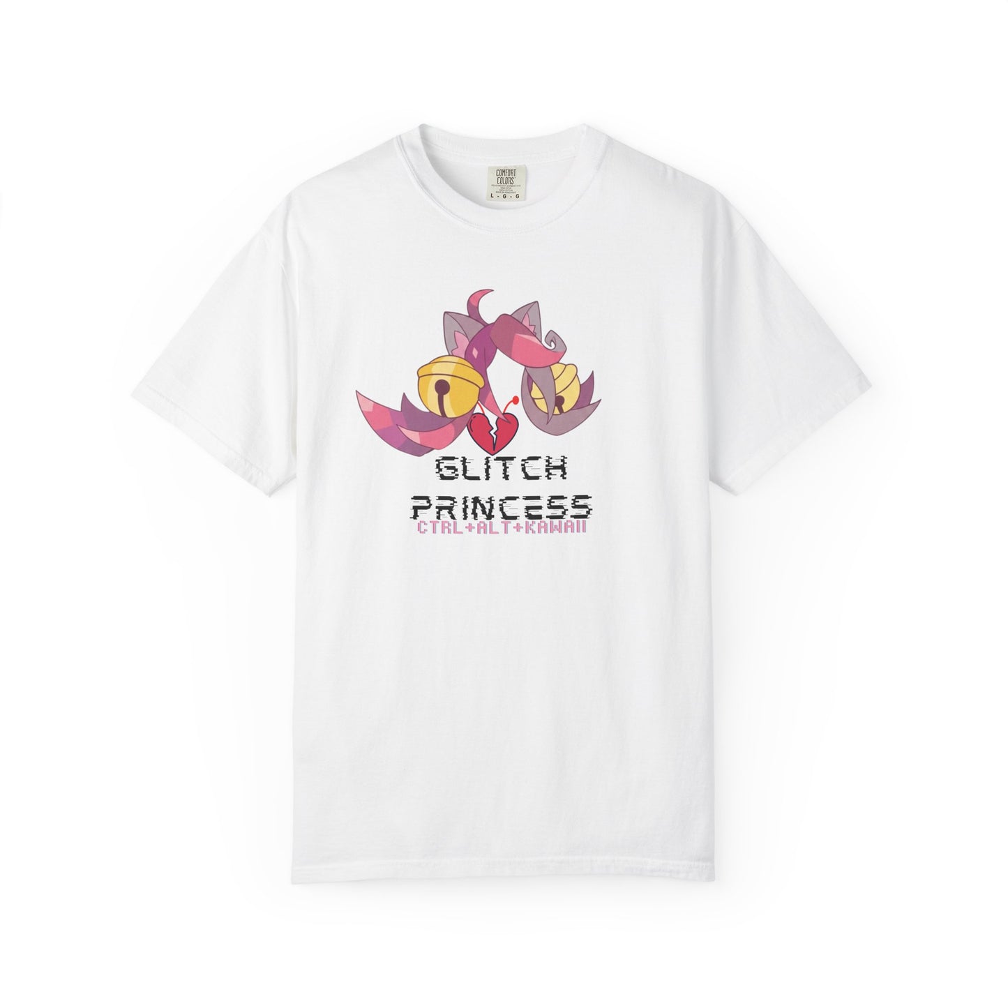 Glitch princess tees pink and gold pixel catgirl graphic on a garment dyed tee
