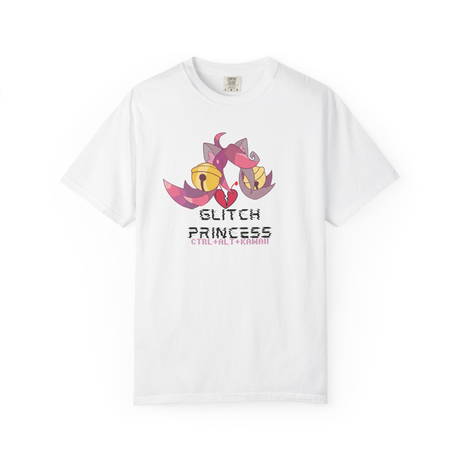 Glitch princess tees pink and gold pixel catgirl graphic on a garment dyed tee

