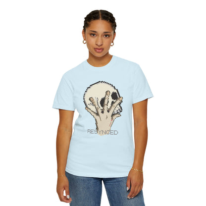 Glitch skull graphic t-shirt pixel art design close-up print detail
