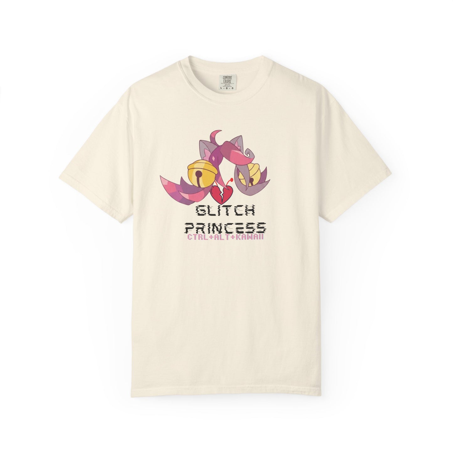 Glitch tees flat lay showing glitchcore catgirl print on heavyweight cotton
