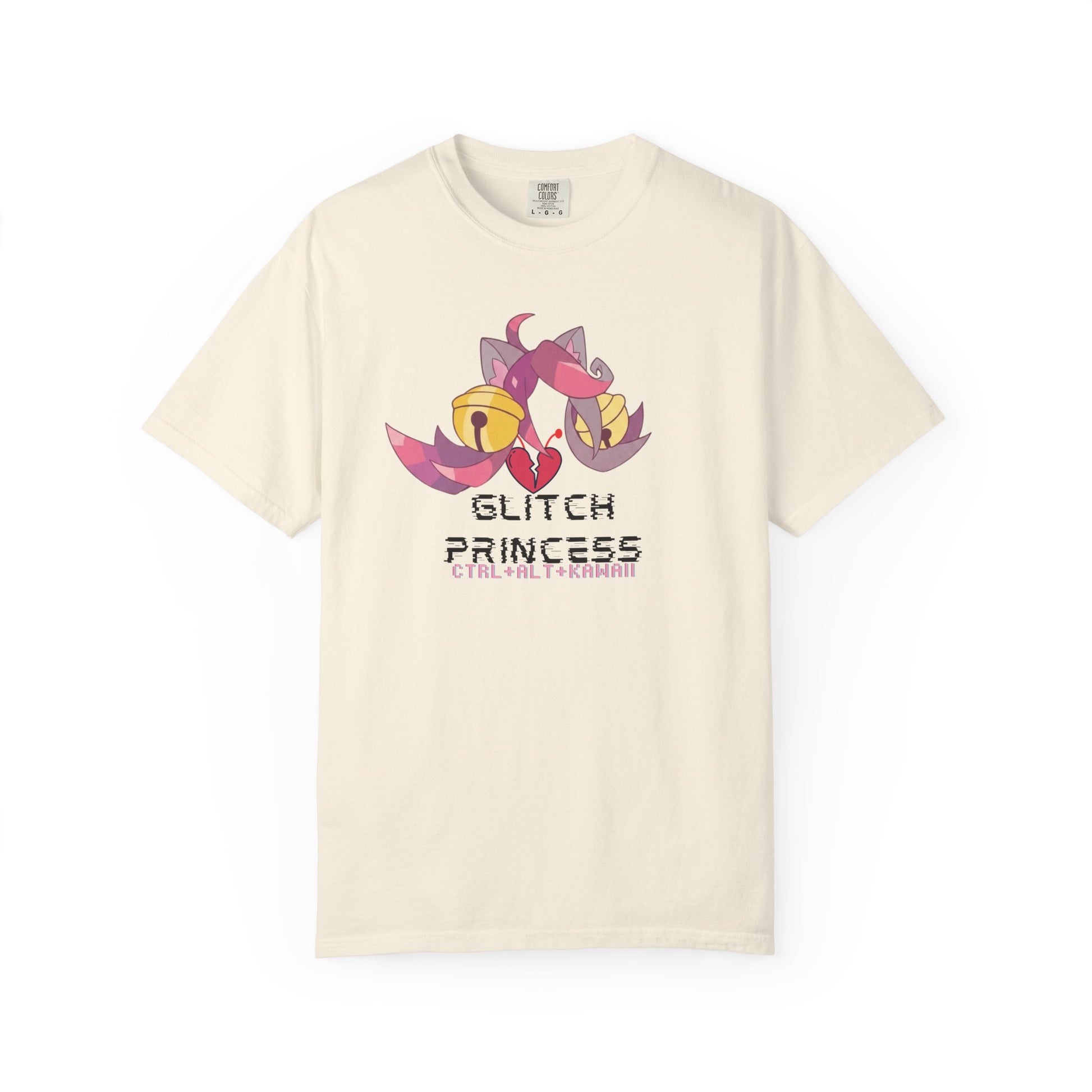 Glitch tees flat lay showing glitchcore catgirl print on heavyweight cotton
