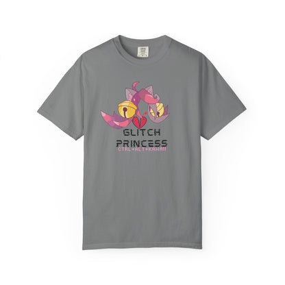 Glitchcore shirt close up of distorted pixel art catgirl design
