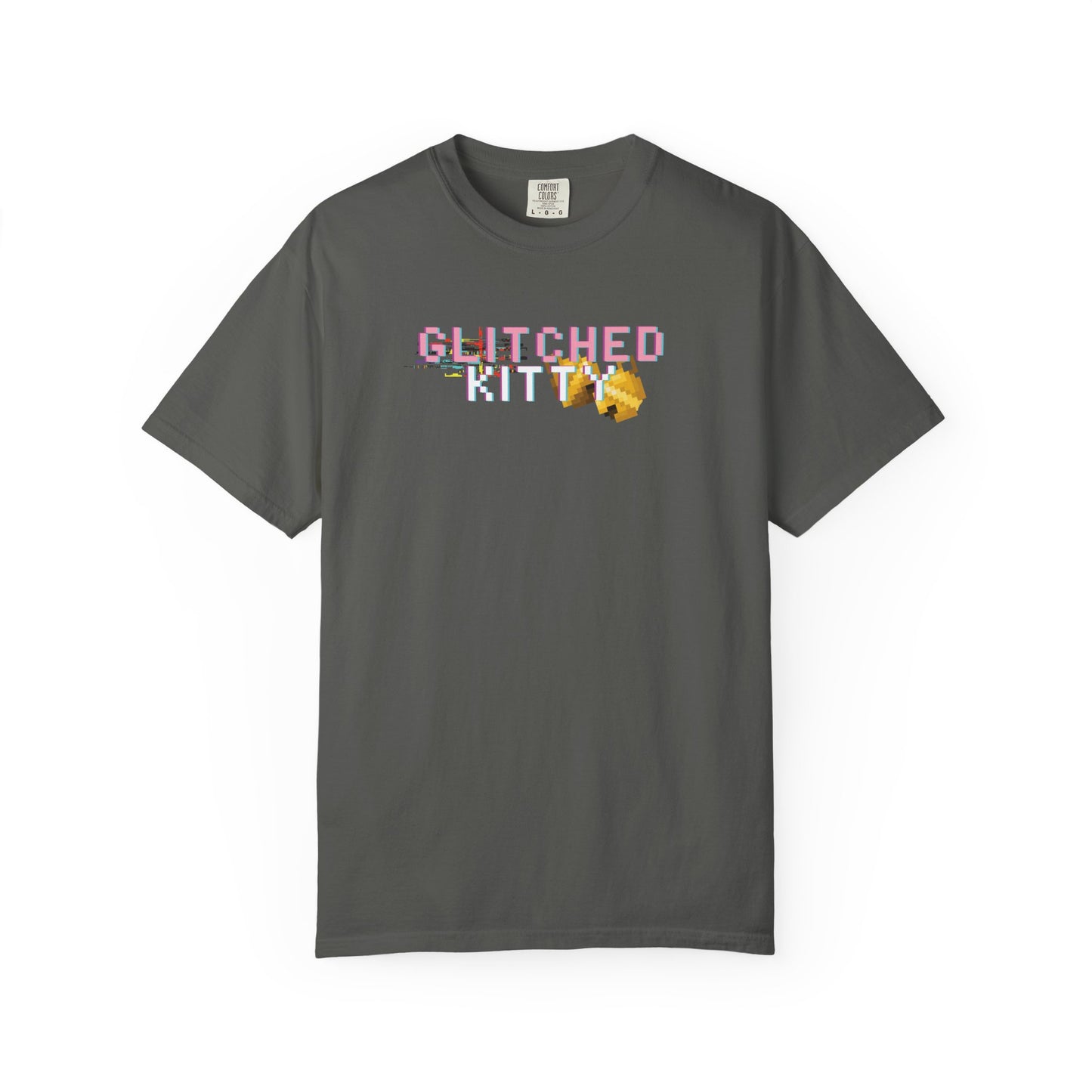 Glitchcore shirt featuring distorted pixel kitty design
