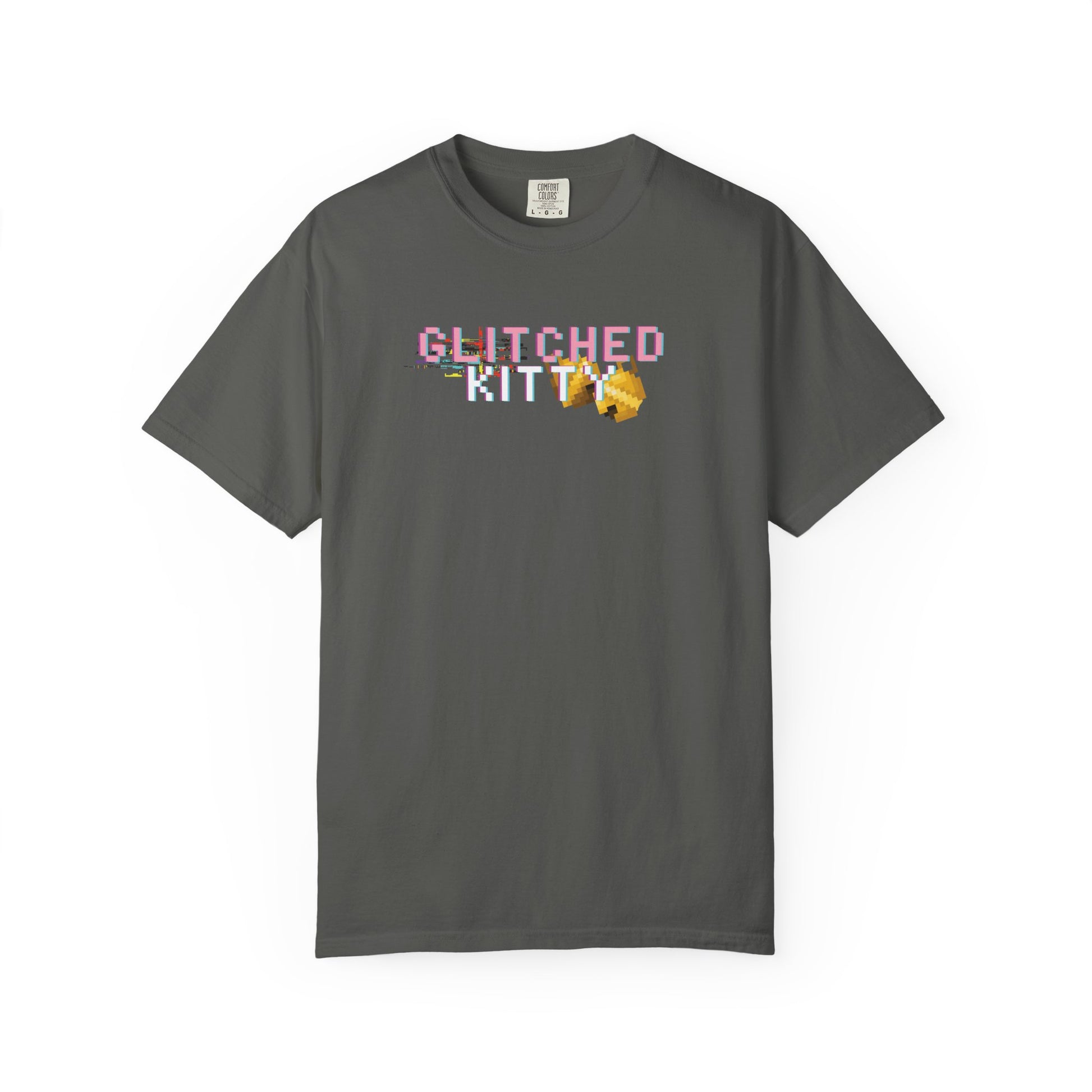 Glitchcore shirt featuring distorted pixel kitty design
