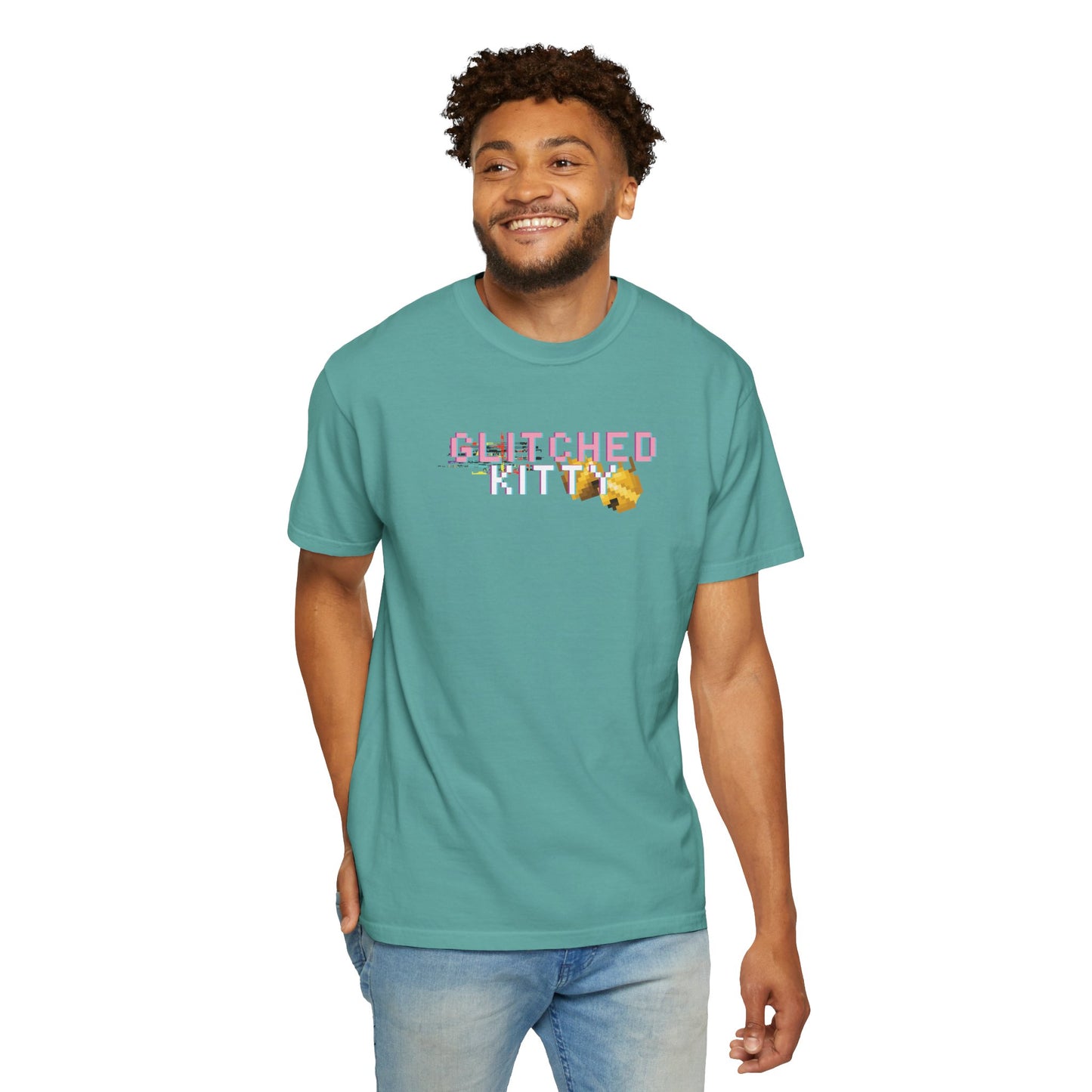 Glitched Kitty graphic t-shirt featuring a small, centered pixel art cat design with a retro, distorted glitch effect.