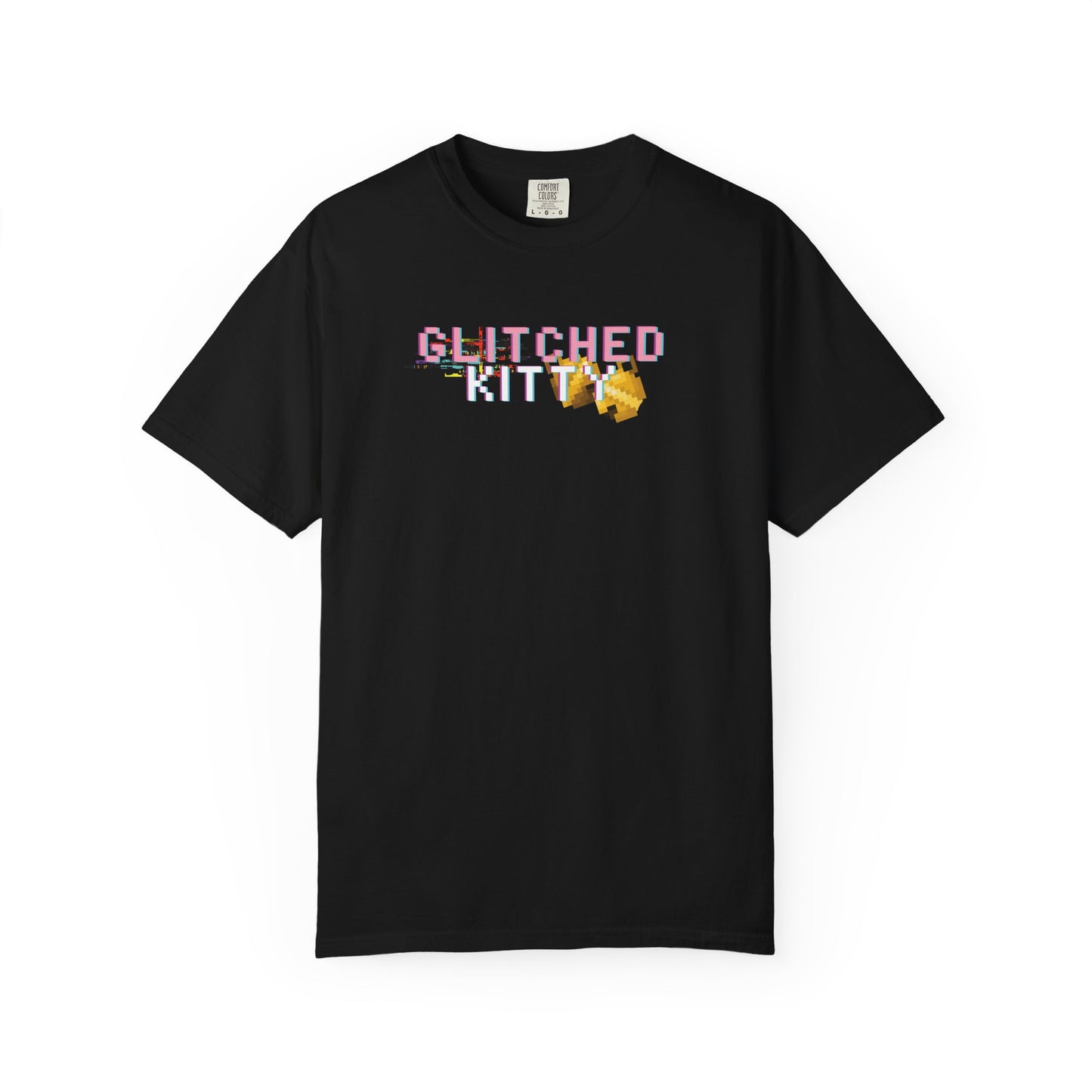 Glitched kitty tee with retro pixel cat graphic on garment dyed cotton
