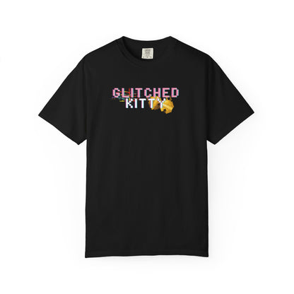 Glitched kitty tee with retro pixel cat graphic on garment dyed cotton
