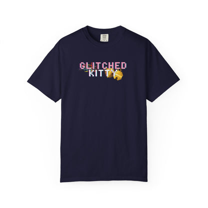Glitched kitty tees shown in multiple garment dyed colors