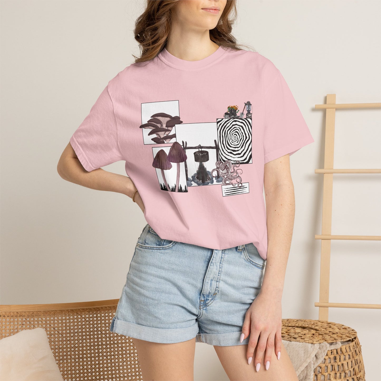 Goblin core unisex tee in earthy colorway displayed on neutral background with size label visible