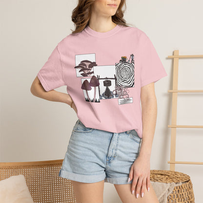 Goblin core unisex tee in earthy colorway displayed on neutral background with size label visible