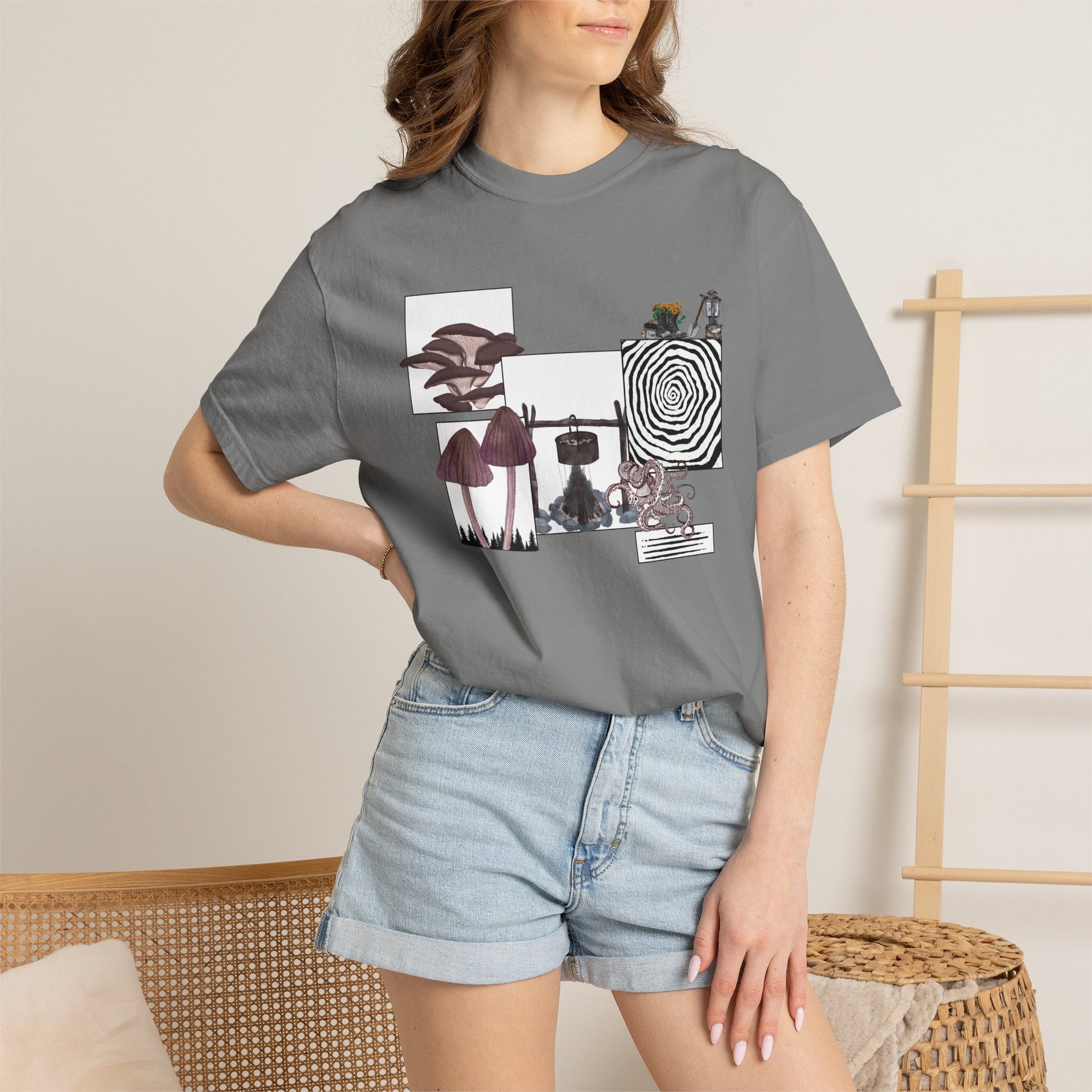 Goblincore tee size chart flat lay showing S to 3XL measurements for chest width and length